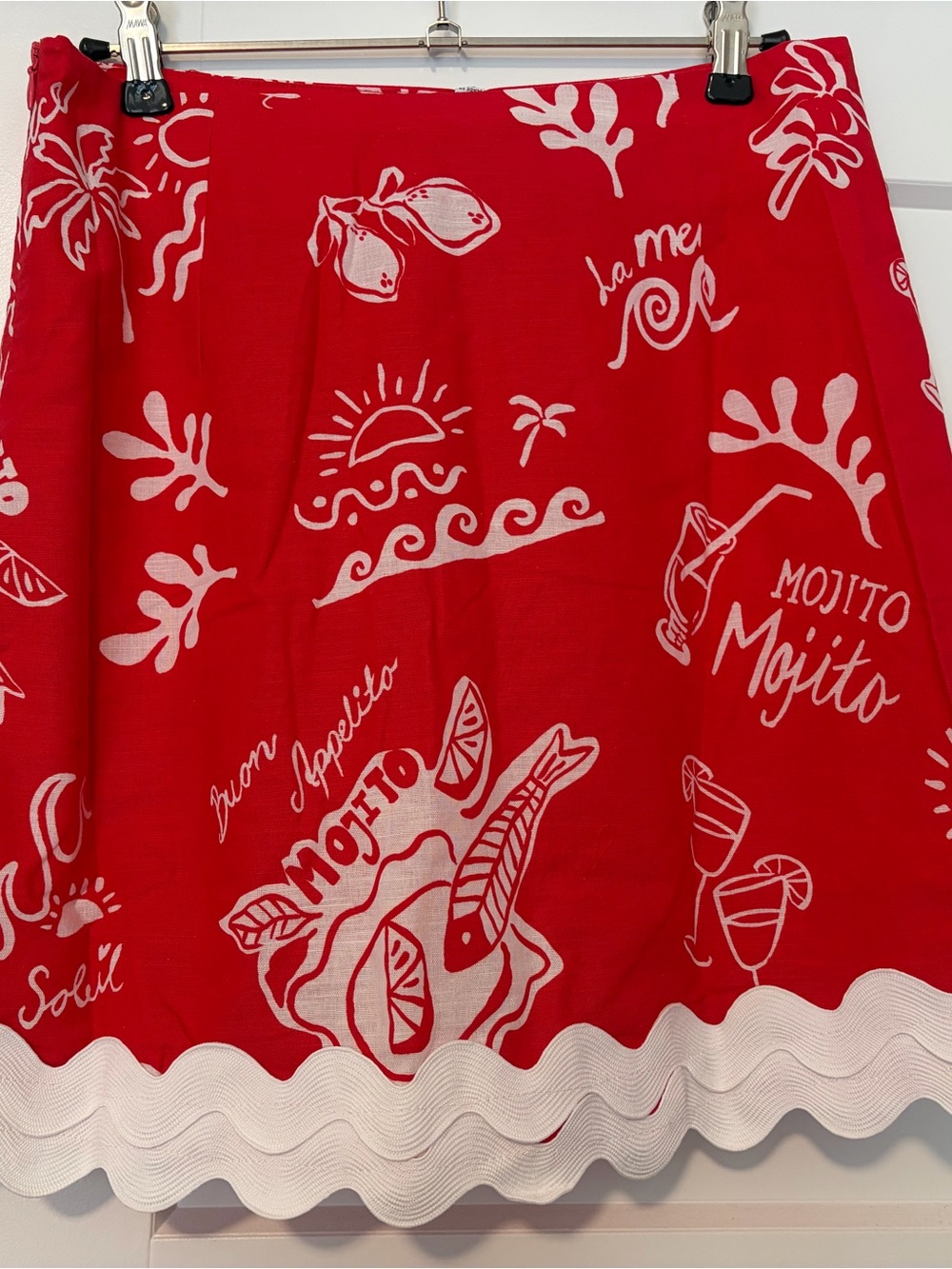 Prosperina Salome Red Mojito Print Scallop Mini Skirt Linen Medium NWT - Picture 9 of 10